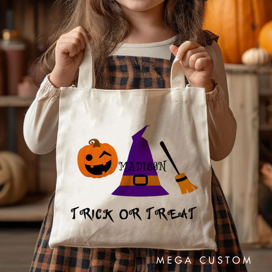 【🔥Big Sale🔥】Personalized Witch Hat and Pumpkin Featuring Name for a Festive Halloween Accent Tote Bag