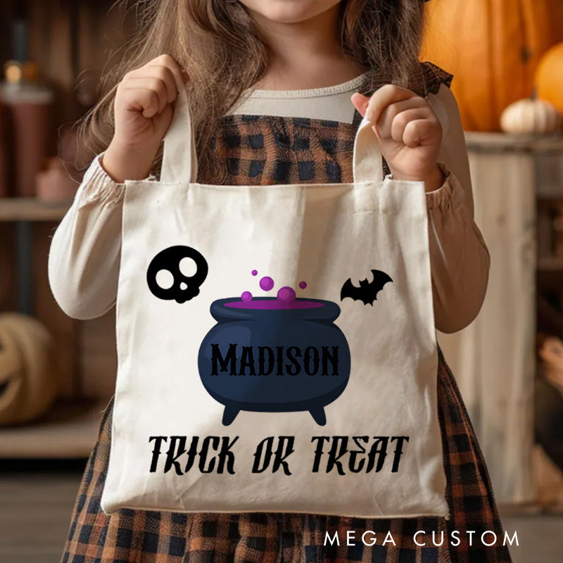 【🔥Big Sale🔥】Personalized Cauldron Featuring Name and Halloween Symbols for a Spooky Trick or Treat Tote Bag