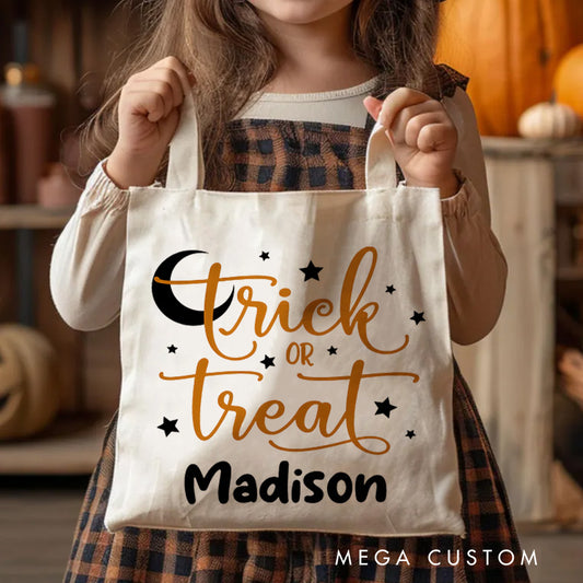 【🔥Big Sale🔥】Personalized Trick or Treat Featuring Moon Stars and Name for a Magical Halloween Accent Tote Bag