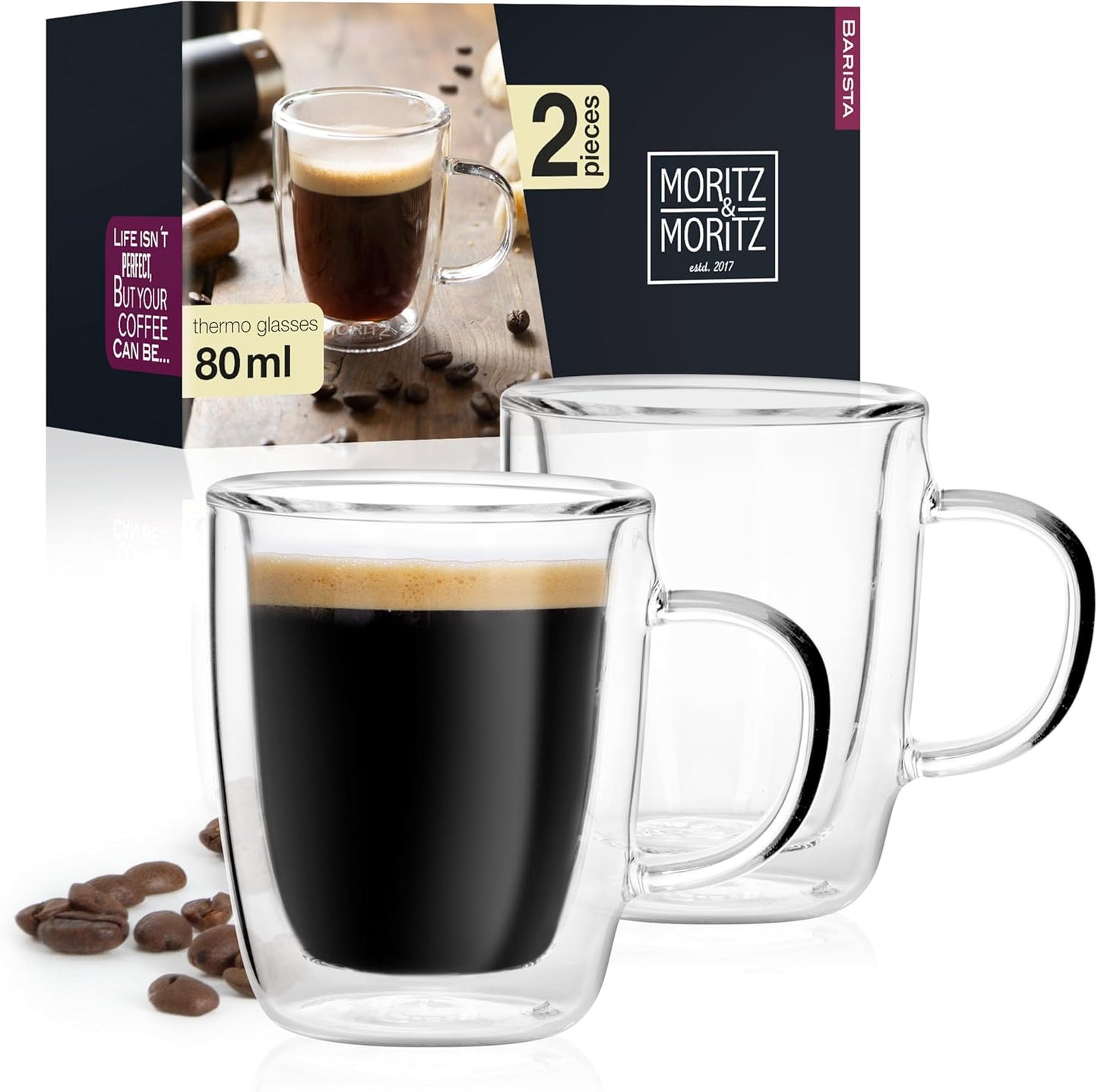Barista 2 x 2.7 oz Coffee Glasses Double Walled - Double-Walled Glasses for Coffee, Tea or Dessert - Dishwasher Safe by Moritz & Moritz