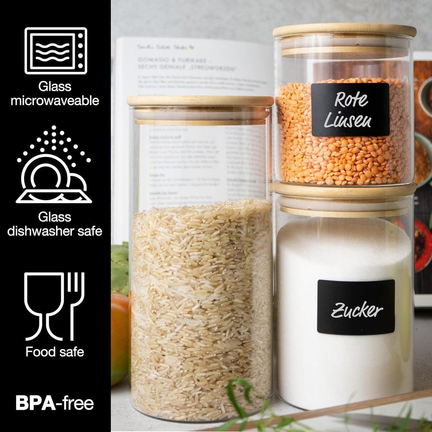 6 Glass Storage Jars with Lids, Includes Chalkboard Stickers and Chalk Pen by Moritz & Moritz