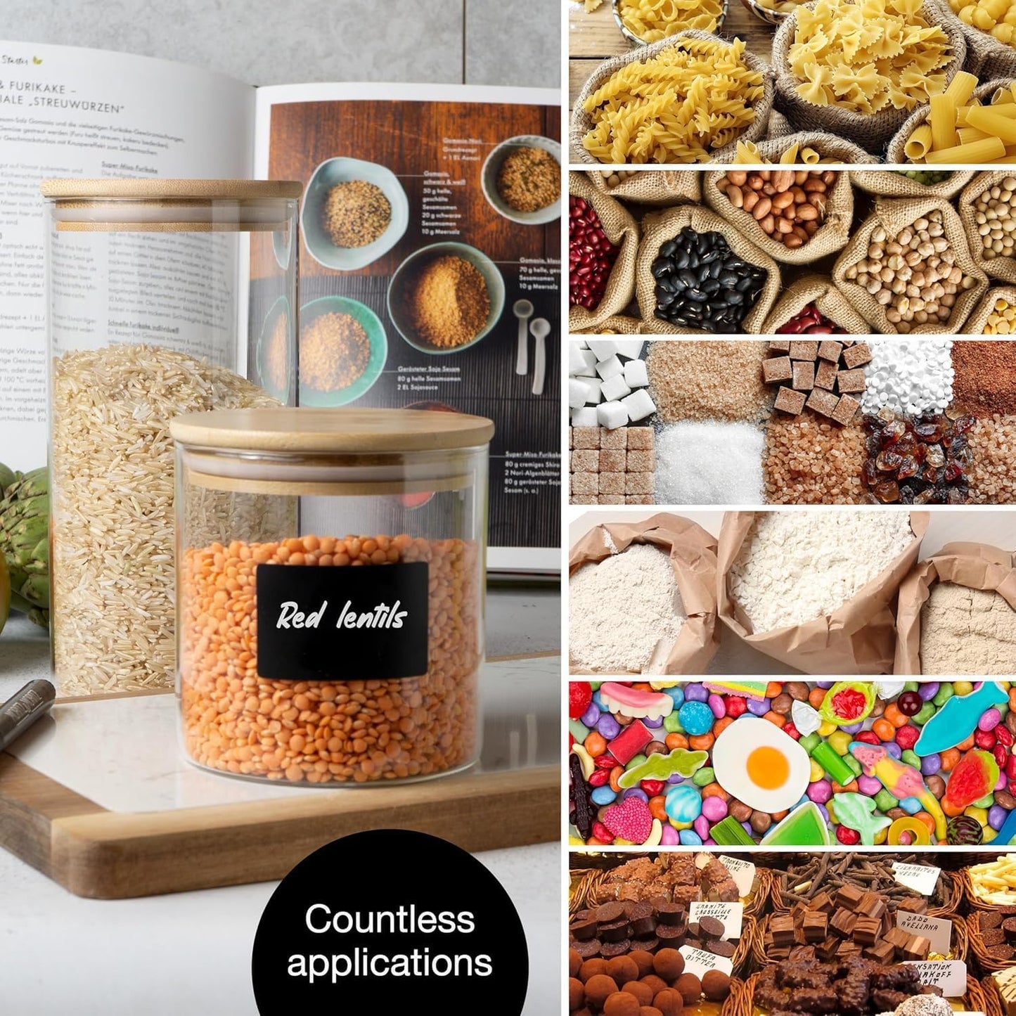 6 Glass Storage Jars with Lids, Includes Chalkboard Stickers and Chalk Pen by Moritz & Moritz