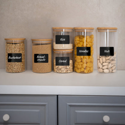 6 Glass Storage Jars with Lids, Includes Chalkboard Stickers and Chalk Pen by Moritz & Moritz