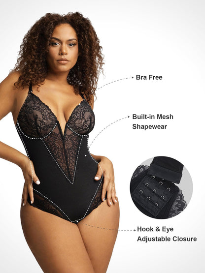 【🔥Big Sale🔥】Shapewear Lace Deep-V Neck Bodysuits or Faux Leather Skirts