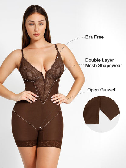 【🔥Big Sale🔥】Shapewear Lace Deep-V Neck Bodysuits or Faux Leather Skirts