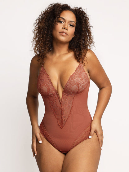 【🔥Big Sale🔥】Shapewear Lace Deep-V Neck Bodysuits or Faux Leather Skirts