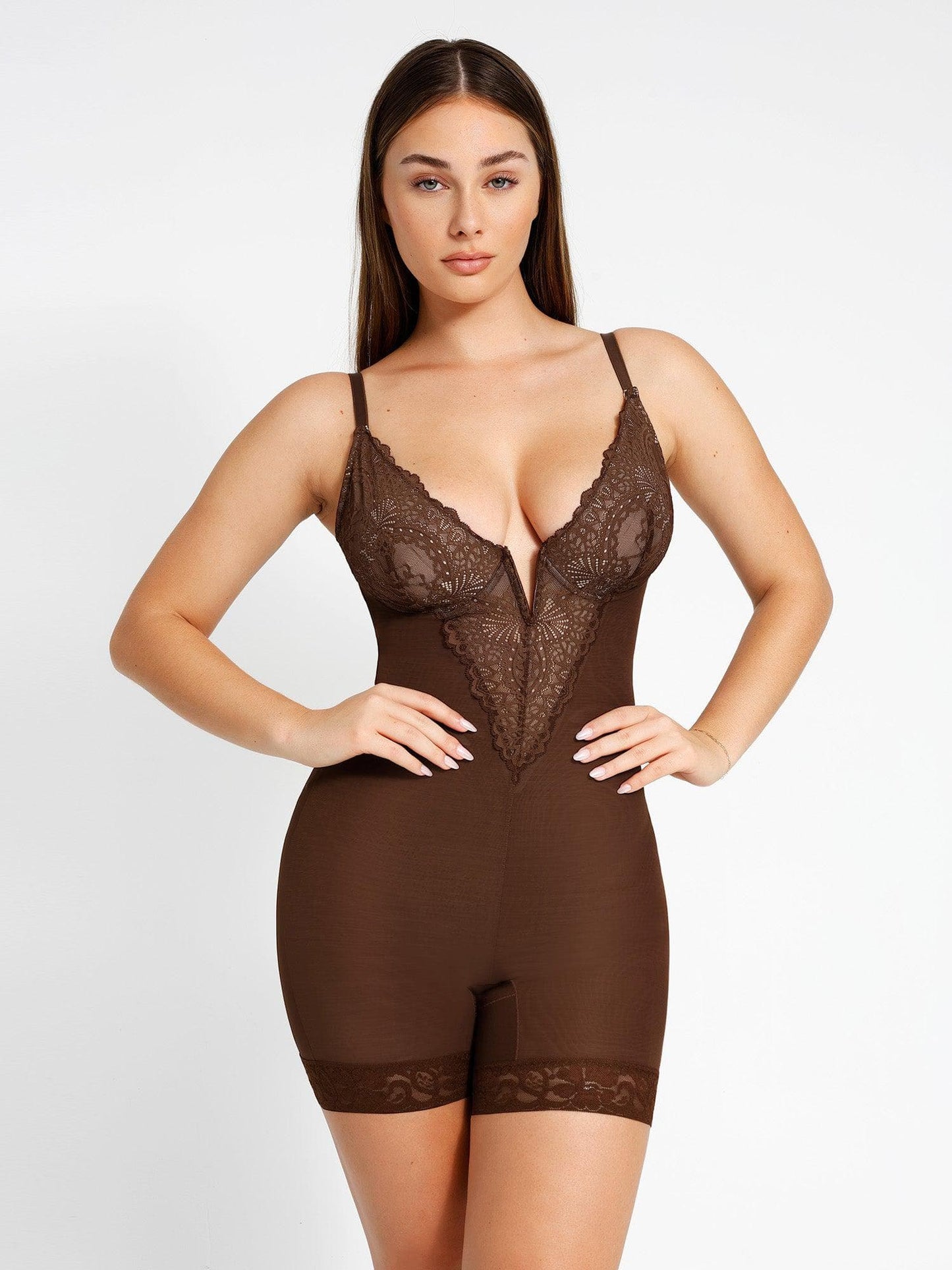 【🔥Big Sale🔥】Shapewear Lace Deep-V Neck Bodysuits or Faux Leather Skirts