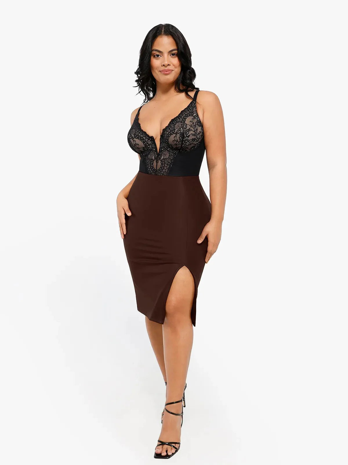 【🔥Big Sale🔥】Shapewear Lace Deep-V Neck Bodysuits or Faux Leather Skirts