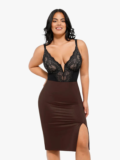 【🔥Big Sale🔥】Shapewear Lace Deep-V Neck Bodysuits or Faux Leather Skirts