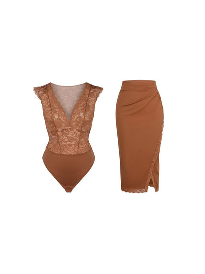 【🔥Big Sale🔥】Shapewear Sculpting Lace Bodysuit or Midi Skirt or Shrug